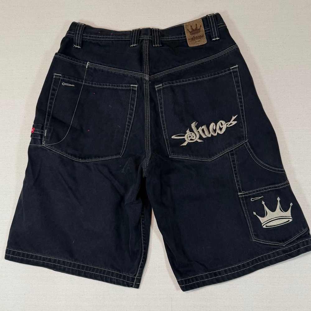 Vintage JNCO Jeans Black Denim Shorts Baggy Embroidered Crown 32 (Measures 30)